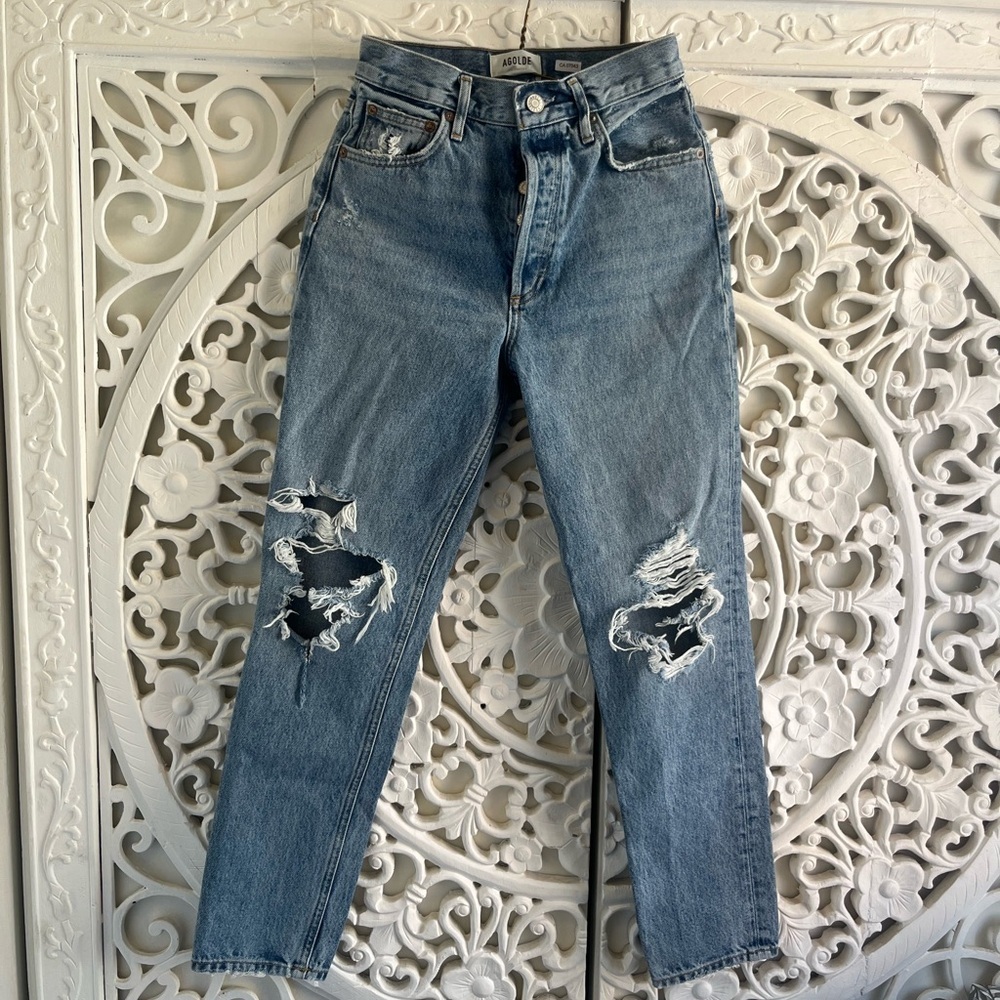 AGOLDE Fen High Rise Straight Leg Jeans Distressed Knee 24